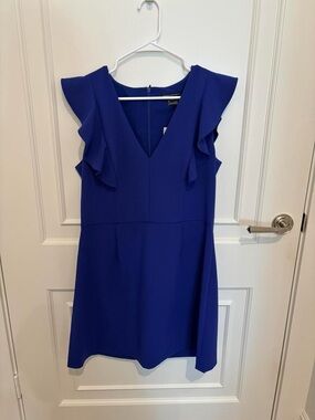 French Connection Cobalt Blue V-Neck Ruffle Sleeve Mini Dress